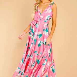 Red Dress “Call Me Sassy Pink Leaf Print Maxi Dress”